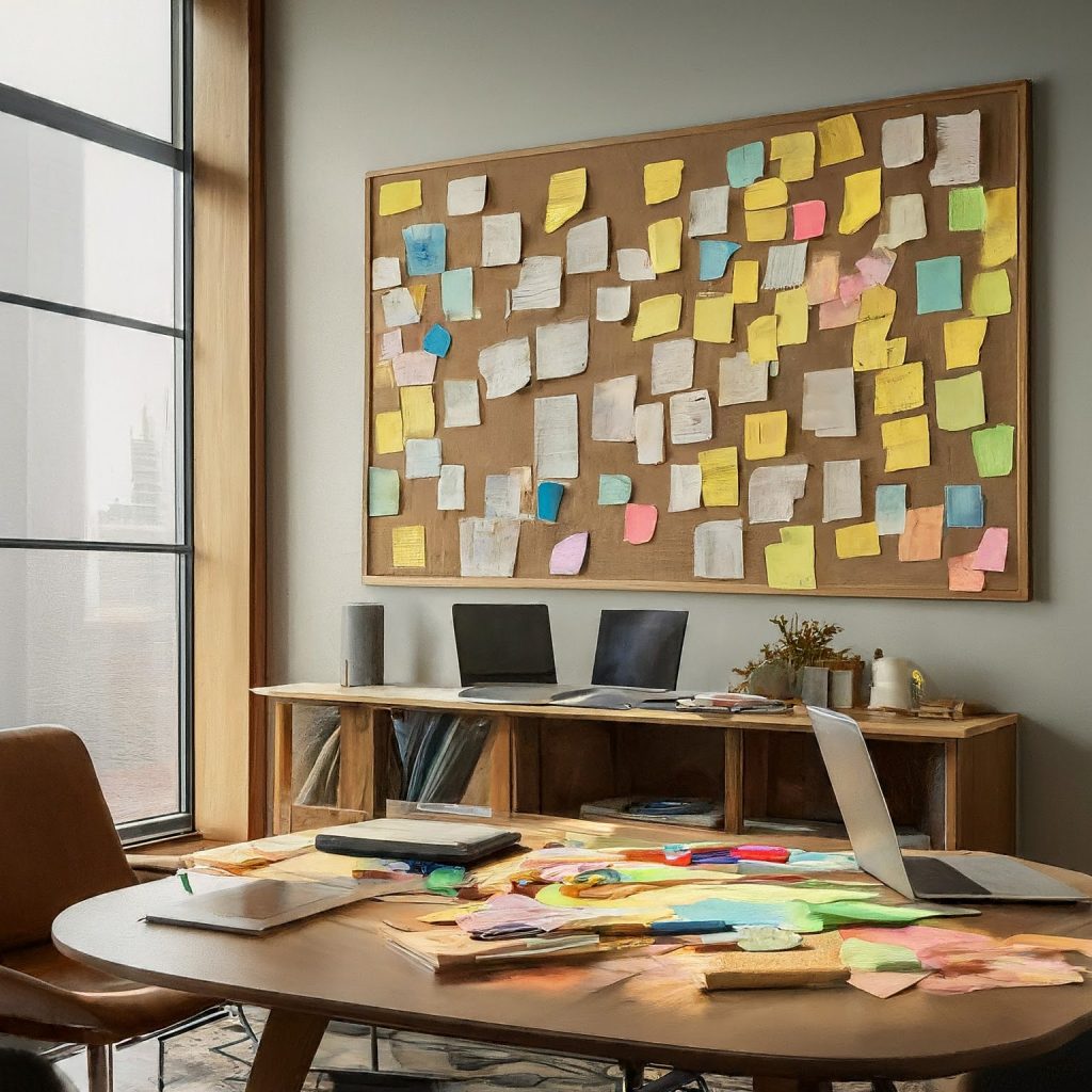 Image of a small room with a table, chair and a workboard on the wall. There is evidence of work being done including laptops, notebooks, pens and multi-coloured post-its and papers all over the table and board.